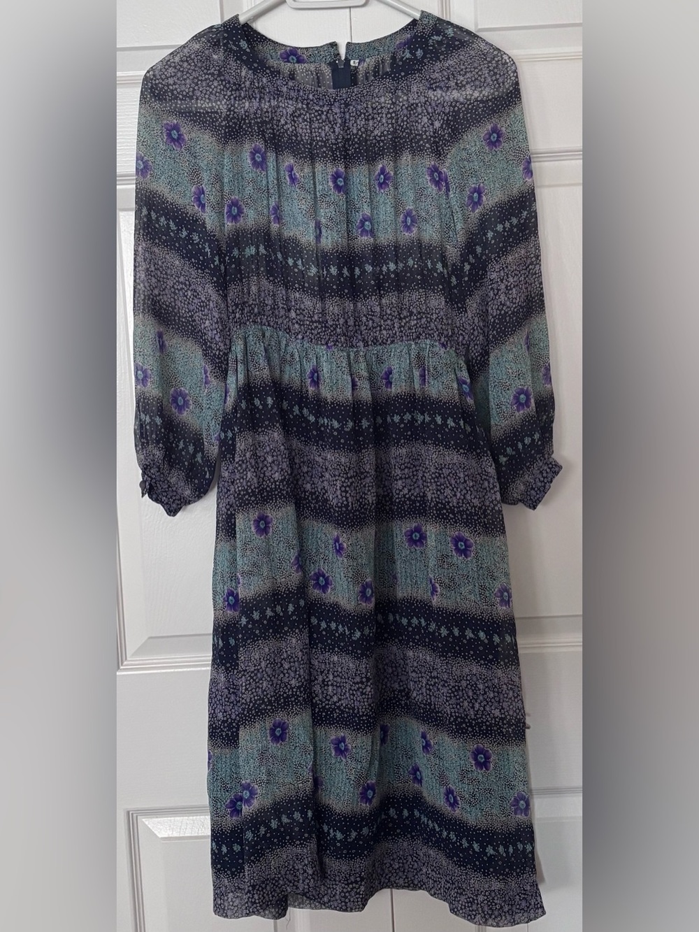 Vintage Purple and Teal Floral Long Sleeve Midi Dress